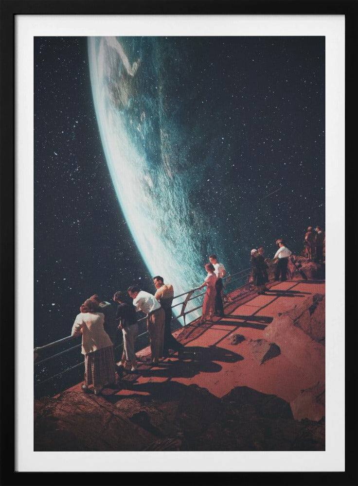 A surreal vintage-style collage showing a group of people dressed in mid-century clothing standing on a reddish-brown rocky platform with a railing, gazing in awe at a massive, glowing planet against a dark, star-filled sky. Poster