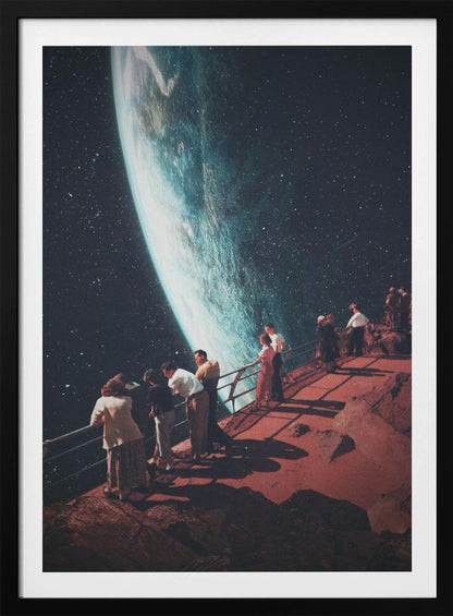 A surreal vintage-style collage showing a group of people dressed in mid-century clothing standing on a reddish-brown rocky platform with a railing, gazing in awe at a massive, glowing planet against a dark, star-filled sky. Poster