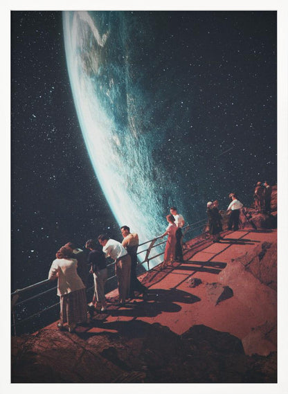 A surreal vintage-style collage showing a group of people dressed in mid-century clothing standing on a reddish-brown rocky platform with a railing, gazing in awe at a massive, glowing planet against a dark, star-filled sky. Poster