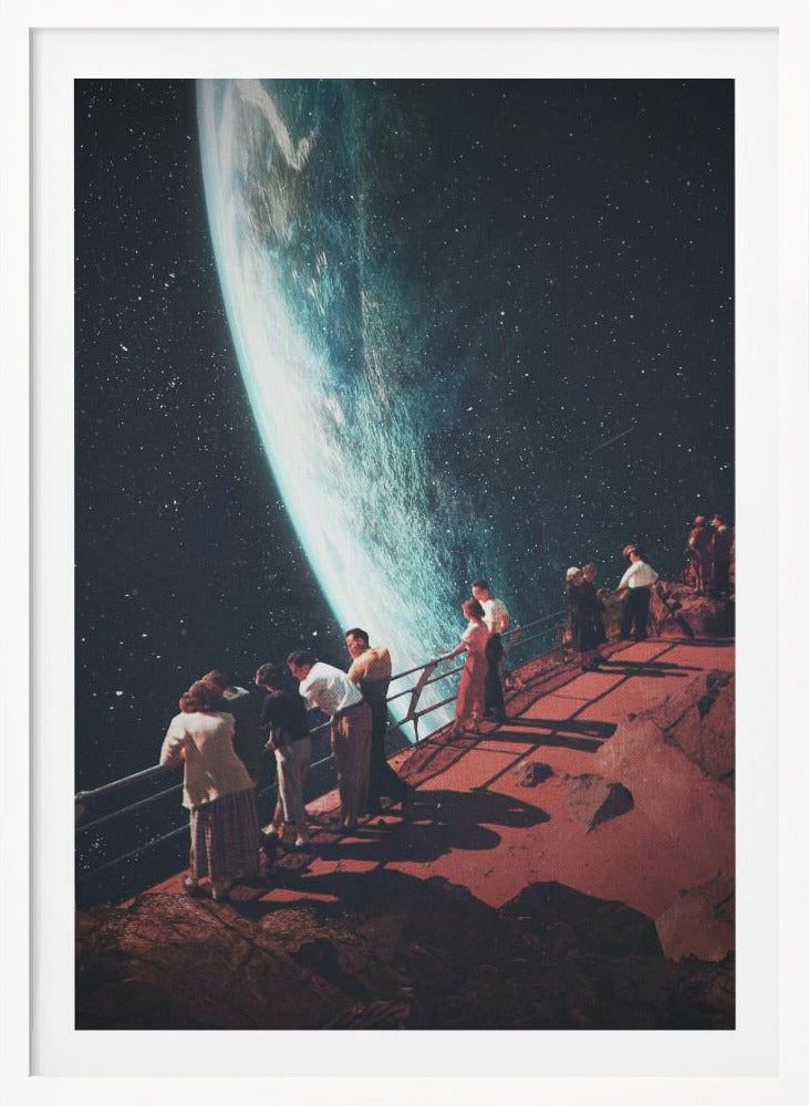 A surreal vintage-style collage showing a group of people dressed in mid-century clothing standing on a reddish-brown rocky platform with a railing, gazing in awe at a massive, glowing planet against a dark, star-filled sky. Poster