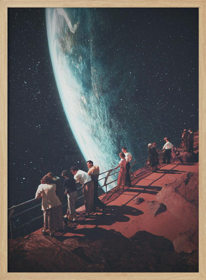 A surreal vintage-style collage showing a group of people dressed in mid-century clothing standing on a reddish-brown rocky platform with a railing, gazing in awe at a massive, glowing planet against a dark, star-filled sky. Poster