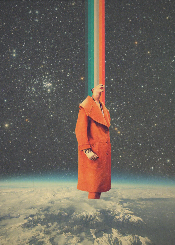 A surreal collage featuring a person in a bright orange coat standing above the Earth, looking up as a colorful retro stripe beams from their head into the starry cosmos. Print