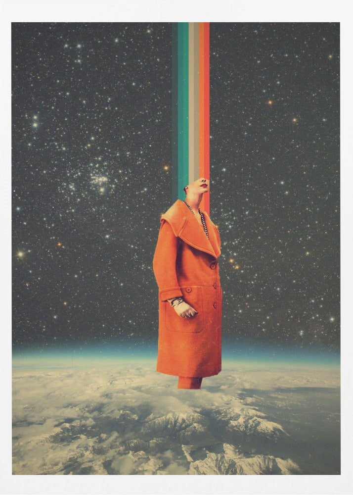 A surreal collage featuring a person in a bright orange coat standing above the Earth, looking up as a colorful retro stripe beams from their head into the starry cosmos. Print