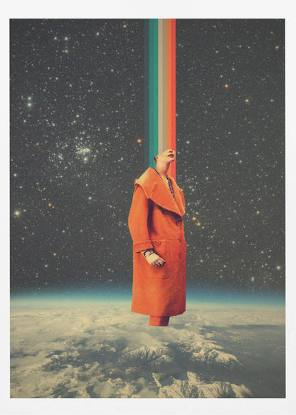 A surreal collage featuring a person in a bright orange coat standing above the Earth, looking up as a colorful retro stripe beams from their head into the starry cosmos. Print