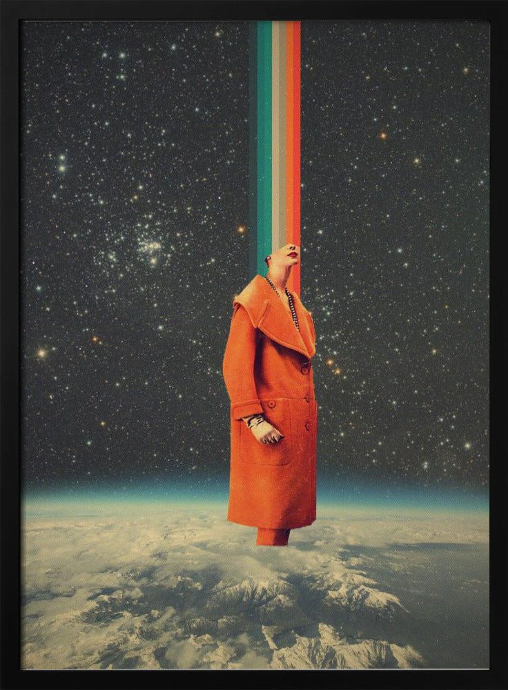 A surreal collage featuring a person in a bright orange coat standing above the Earth, looking up as a colorful retro stripe beams from their head into the starry cosmos. Print