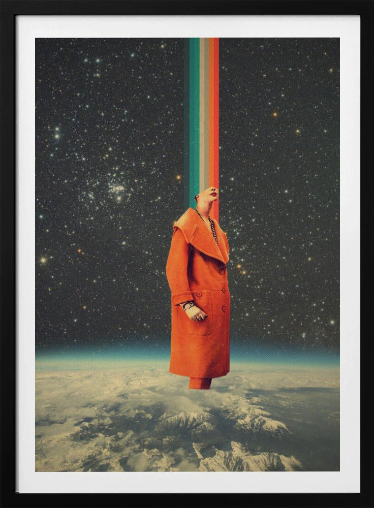 A surreal collage featuring a person in a bright orange coat standing above the Earth, looking up as a colorful retro stripe beams from their head into the starry cosmos. Print