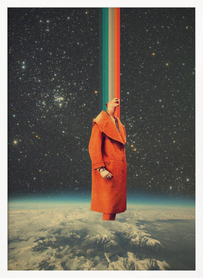 A surreal collage featuring a person in a bright orange coat standing above the Earth, looking up as a colorful retro stripe beams from their head into the starry cosmos. Print
