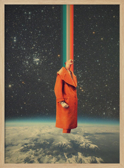 A surreal collage featuring a person in a bright orange coat standing above the Earth, looking up as a colorful retro stripe beams from their head into the starry cosmos. Print