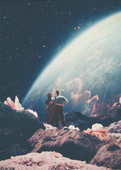 A surreal collage showing a couple standing on a rocky, alien landscape dotted with large pink flowers, gazing up at a vast, star-filled cosmos dominated by the glowing curve of a massive planet. Decor