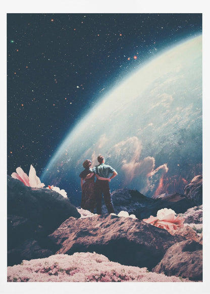 A surreal collage showing a couple standing on a rocky, alien landscape dotted with large pink flowers, gazing up at a vast, star-filled cosmos dominated by the glowing curve of a massive planet. Decor