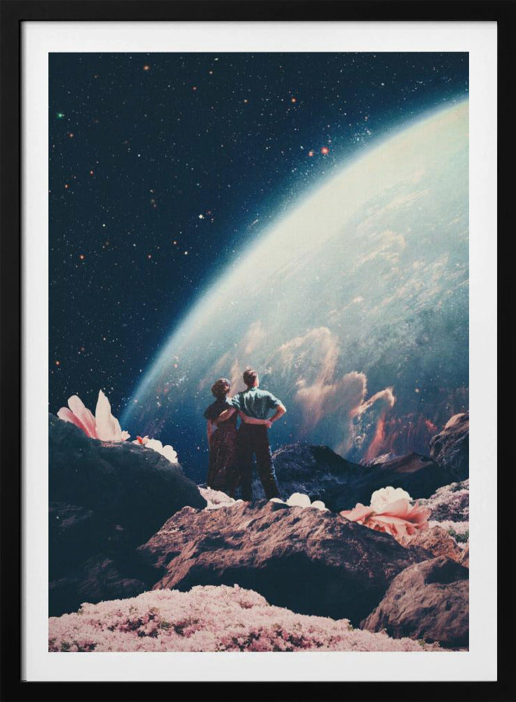 A surreal collage showing a couple standing on a rocky, alien landscape dotted with large pink flowers, gazing up at a vast, star-filled cosmos dominated by the glowing curve of a massive planet. Decor