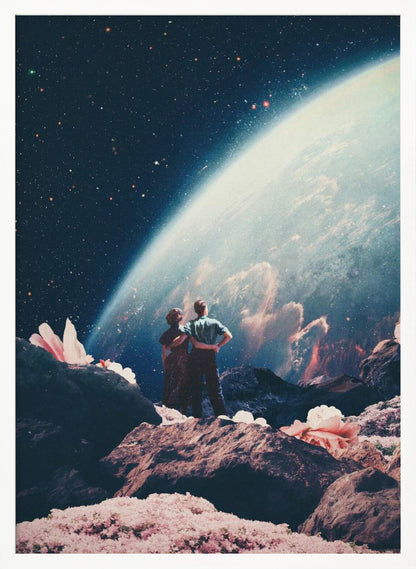 A surreal collage showing a couple standing on a rocky, alien landscape dotted with large pink flowers, gazing up at a vast, star-filled cosmos dominated by the glowing curve of a massive planet. Decor