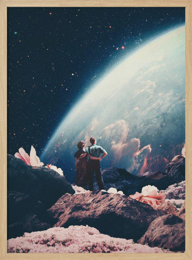 A surreal collage showing a couple standing on a rocky, alien landscape dotted with large pink flowers, gazing up at a vast, star-filled cosmos dominated by the glowing curve of a massive planet. Decor