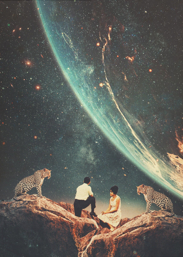 A surreal vintage-style collage depicting a man and a woman sitting on a rocky cliff, flanked by two leopards, as they gaze upon the vast expanse of a star-filled galaxy and a large, glowing planet looming in the sky. Decor