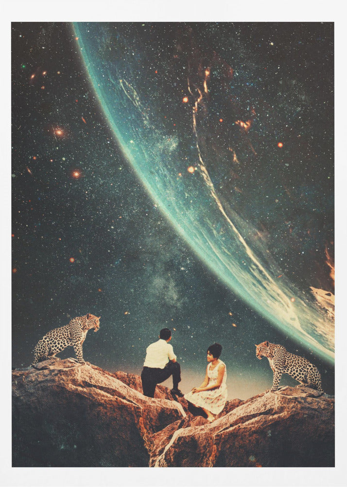 A surreal vintage-style collage depicting a man and a woman sitting on a rocky cliff, flanked by two leopards, as they gaze upon the vast expanse of a star-filled galaxy and a large, glowing planet looming in the sky. Decor
