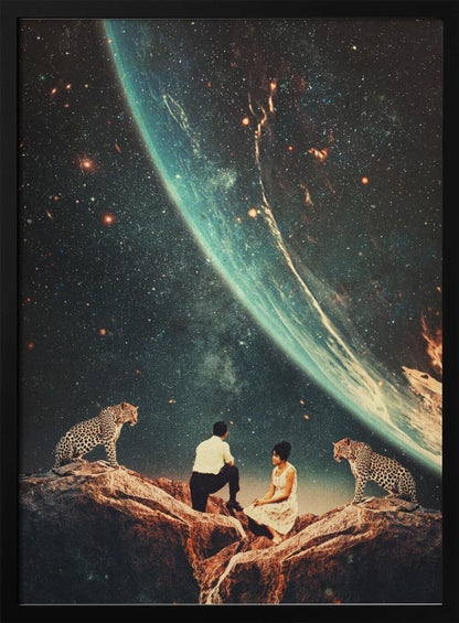 A surreal vintage-style collage depicting a man and a woman sitting on a rocky cliff, flanked by two leopards, as they gaze upon the vast expanse of a star-filled galaxy and a large, glowing planet looming in the sky. Decor