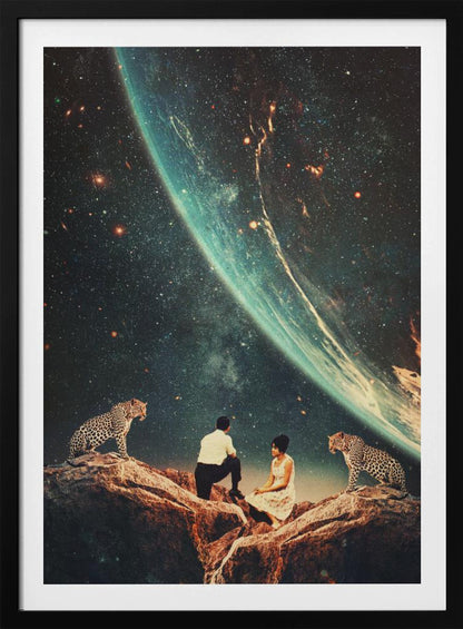 A surreal vintage-style collage depicting a man and a woman sitting on a rocky cliff, flanked by two leopards, as they gaze upon the vast expanse of a star-filled galaxy and a large, glowing planet looming in the sky. Decor