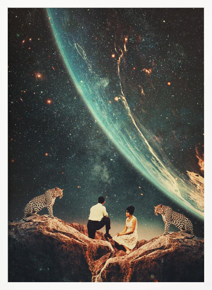 A surreal vintage-style collage depicting a man and a woman sitting on a rocky cliff, flanked by two leopards, as they gaze upon the vast expanse of a star-filled galaxy and a large, glowing planet looming in the sky. Decor
