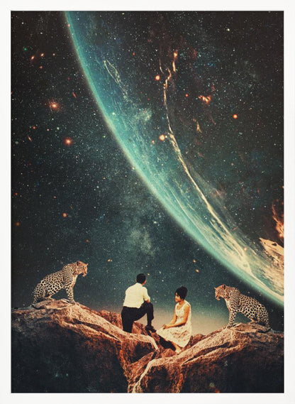A surreal vintage-style collage depicting a man and a woman sitting on a rocky cliff, flanked by two leopards, as they gaze upon the vast expanse of a star-filled galaxy and a large, glowing planet looming in the sky. Decor