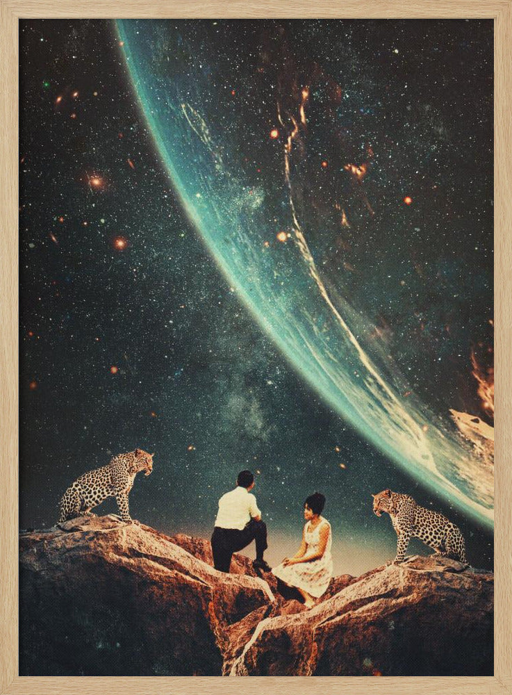 A surreal vintage-style collage depicting a man and a woman sitting on a rocky cliff, flanked by two leopards, as they gaze upon the vast expanse of a star-filled galaxy and a large, glowing planet looming in the sky. Decor