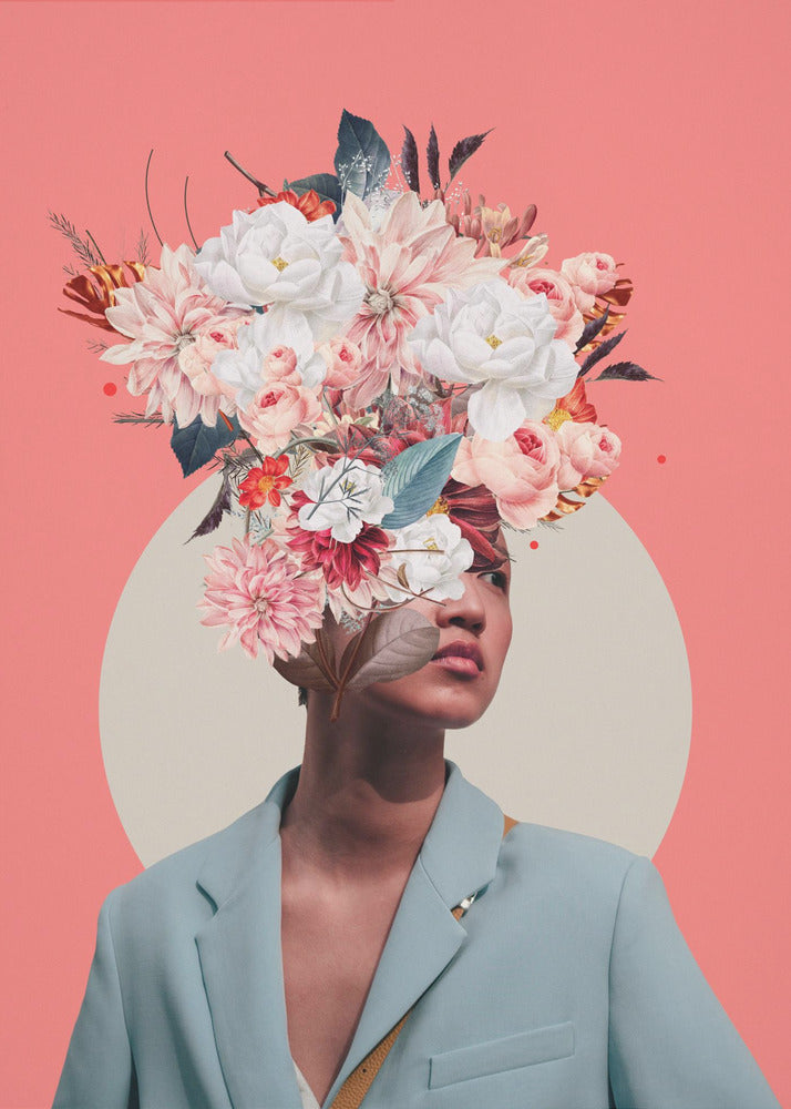 A surreal collage portrait of a person wearing a light blue blazer against a coral pink background. Their head is an explosion of various flowers, including white peonies and pink dahlias, creating a vibrant and artistic headpiece. A large, off-white circle is positioned behind them. Poster