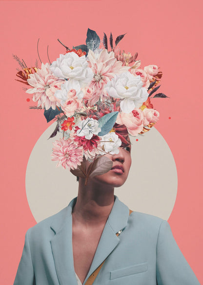 A surreal collage portrait of a person wearing a light blue blazer against a coral pink background. Their head is an explosion of various flowers, including white peonies and pink dahlias, creating a vibrant and artistic headpiece. A large, off-white circle is positioned behind them. Poster