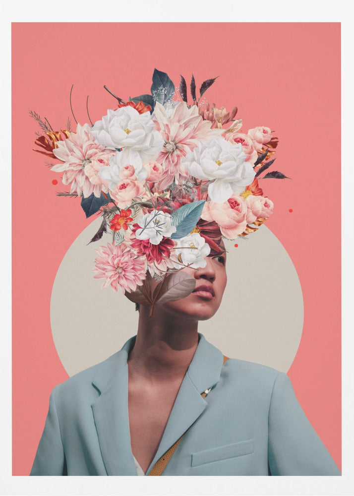 A surreal collage portrait of a person wearing a light blue blazer against a coral pink background. Their head is an explosion of various flowers, including white peonies and pink dahlias, creating a vibrant and artistic headpiece. A large, off-white circle is positioned behind them. Poster
