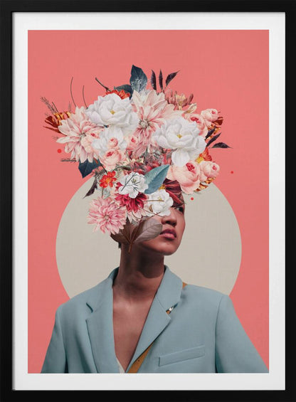 A surreal collage portrait of a person wearing a light blue blazer against a coral pink background. Their head is an explosion of various flowers, including white peonies and pink dahlias, creating a vibrant and artistic headpiece. A large, off-white circle is positioned behind them. Poster