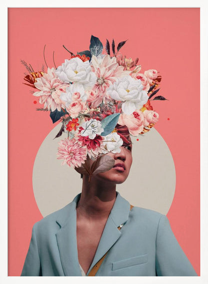 A surreal collage portrait of a person wearing a light blue blazer against a coral pink background. Their head is an explosion of various flowers, including white peonies and pink dahlias, creating a vibrant and artistic headpiece. A large, off-white circle is positioned behind them. Poster