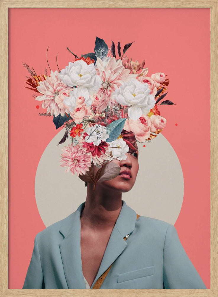 A surreal collage portrait of a person wearing a light blue blazer against a coral pink background. Their head is an explosion of various flowers, including white peonies and pink dahlias, creating a vibrant and artistic headpiece. A large, off-white circle is positioned behind them. Poster