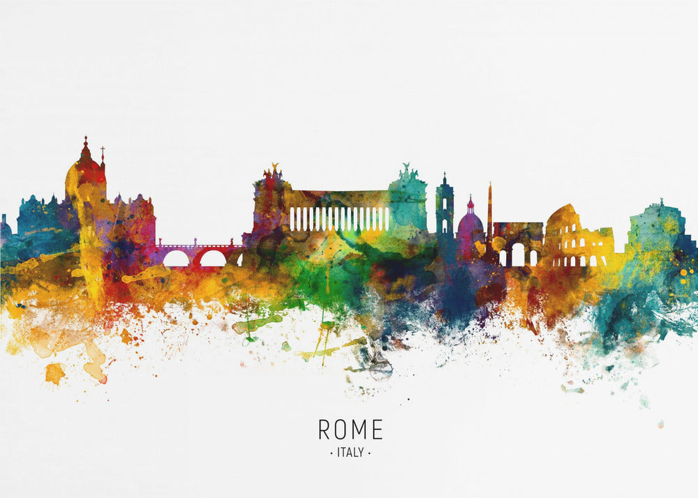 A colorful watercolor skyline of Rome, Italy, featuring famous landmarks. The silhouette is filled with vibrant splashes of yellow, orange, blue, and purple against a white background. The text 'ROME . ITALY .' is centered below the artwork, which is enclosed in a silver frame. Wall Art