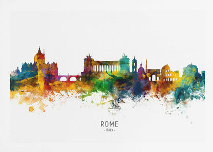 A colorful watercolor skyline of Rome, Italy, featuring famous landmarks. The silhouette is filled with vibrant splashes of yellow, orange, blue, and purple against a white background. The text 'ROME . ITALY .' is centered below the artwork, which is enclosed in a silver frame. Wall Art