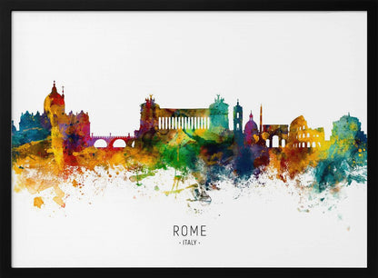 A colorful watercolor skyline of Rome, Italy, featuring famous landmarks. The silhouette is filled with vibrant splashes of yellow, orange, blue, and purple against a white background. The text 'ROME . ITALY .' is centered below the artwork, which is enclosed in a silver frame. Wall Art