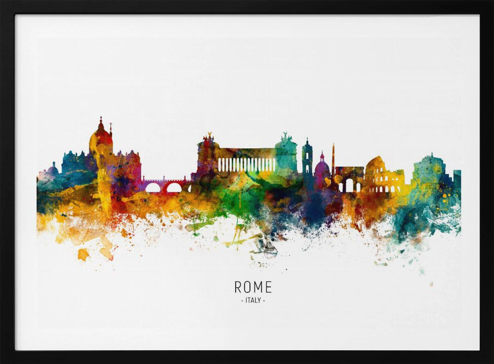 A colorful watercolor skyline of Rome, Italy, featuring famous landmarks. The silhouette is filled with vibrant splashes of yellow, orange, blue, and purple against a white background. The text 'ROME . ITALY .' is centered below the artwork, which is enclosed in a silver frame. Wall Art