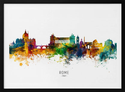 A colorful watercolor skyline of Rome, Italy, featuring famous landmarks. The silhouette is filled with vibrant splashes of yellow, orange, blue, and purple against a white background. The text 'ROME . ITALY .' is centered below the artwork, which is enclosed in a silver frame. Wall Art
