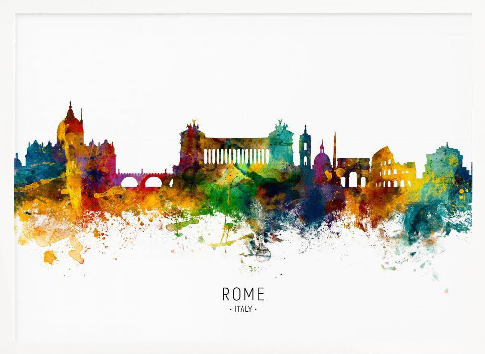 A colorful watercolor skyline of Rome, Italy, featuring famous landmarks. The silhouette is filled with vibrant splashes of yellow, orange, blue, and purple against a white background. The text 'ROME . ITALY .' is centered below the artwork, which is enclosed in a silver frame. Wall Art
