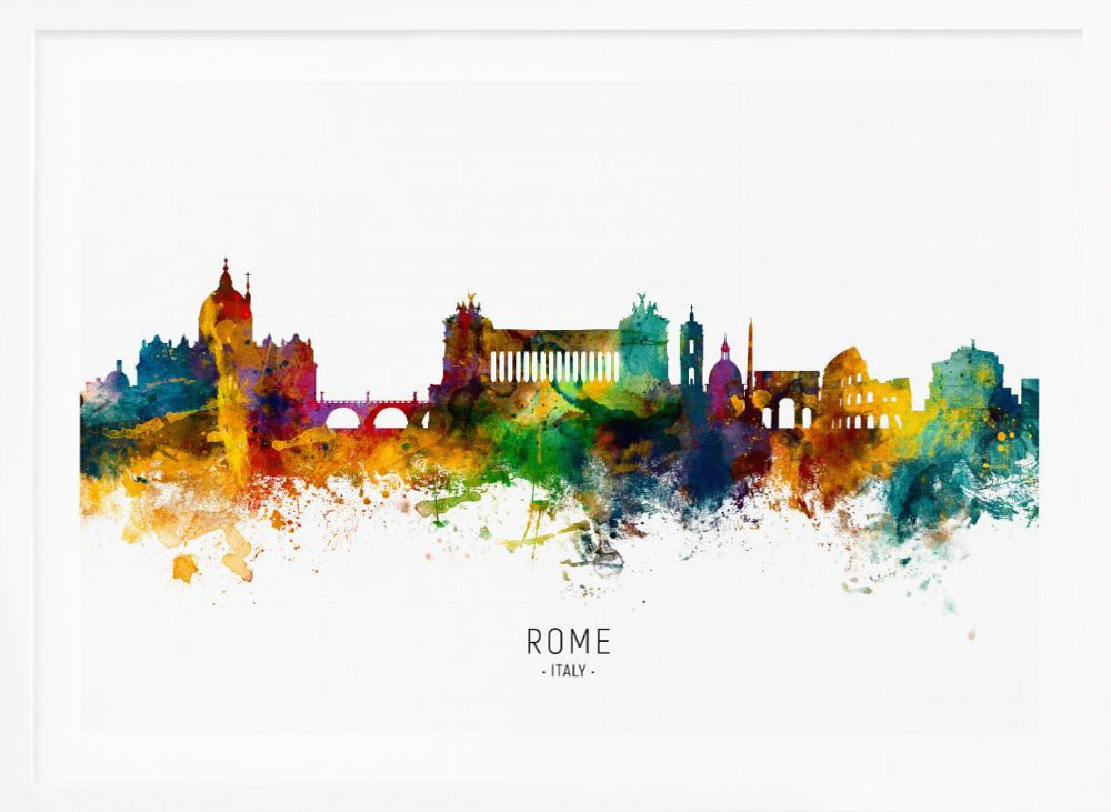 A colorful watercolor skyline of Rome, Italy, featuring famous landmarks. The silhouette is filled with vibrant splashes of yellow, orange, blue, and purple against a white background. The text 'ROME . ITALY .' is centered below the artwork, which is enclosed in a silver frame. Wall Art