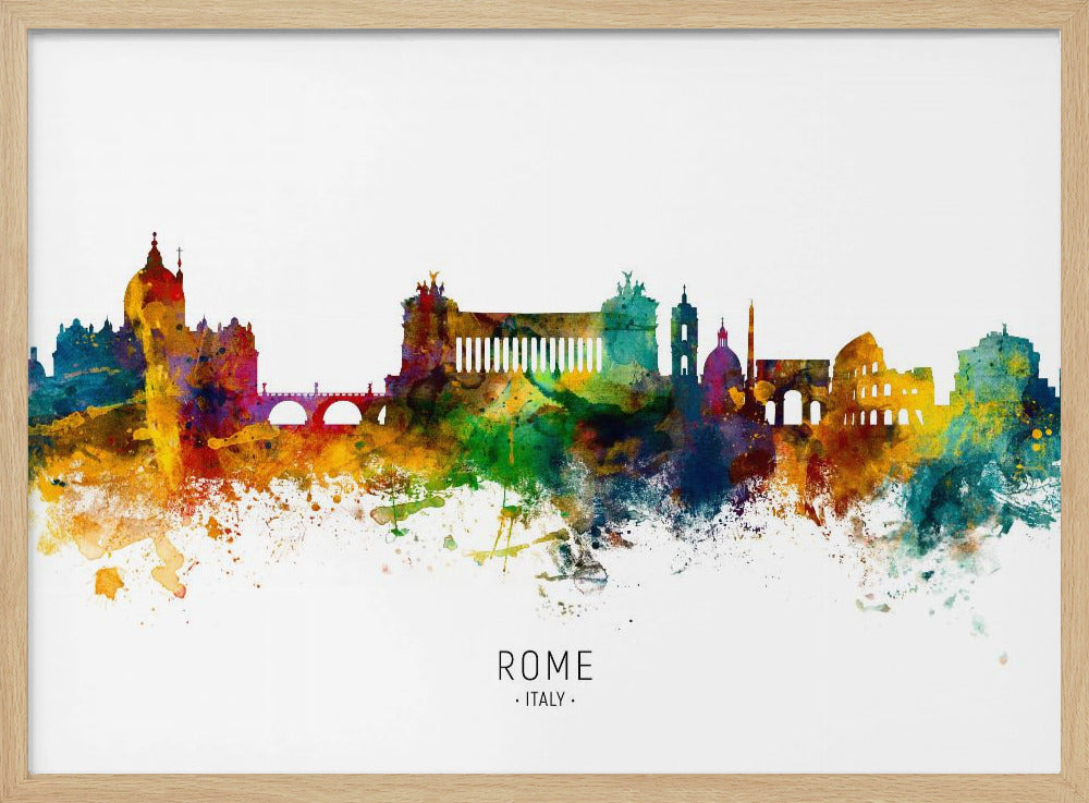 A colorful watercolor skyline of Rome, Italy, featuring famous landmarks. The silhouette is filled with vibrant splashes of yellow, orange, blue, and purple against a white background. The text 'ROME . ITALY .' is centered below the artwork, which is enclosed in a silver frame. Wall Art