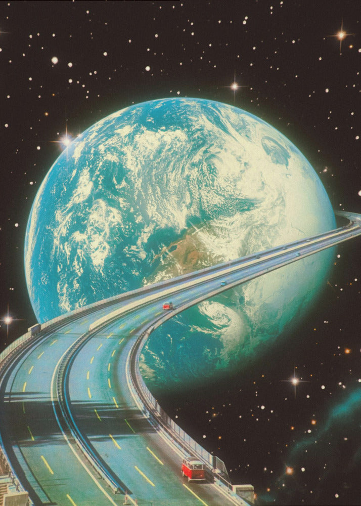 A surreal, vintage-style collage depicting a multi-lane highway encircling the planet Earth like the rings of Saturn. Two small, red vintage cars are driving along the road against a backdrop of a star-filled black sky. Print