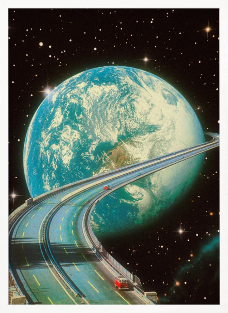 A surreal, vintage-style collage depicting a multi-lane highway encircling the planet Earth like the rings of Saturn. Two small, red vintage cars are driving along the road against a backdrop of a star-filled black sky. Print