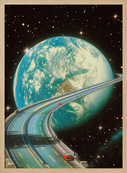 A surreal, vintage-style collage depicting a multi-lane highway encircling the planet Earth like the rings of Saturn. Two small, red vintage cars are driving along the road against a backdrop of a star-filled black sky. Print