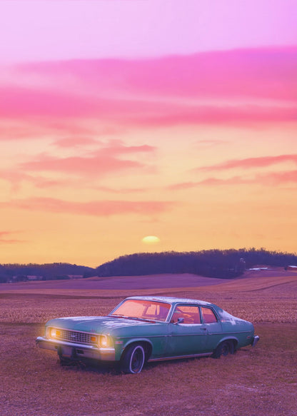 A vintage green muscle car is parked in a purple-hued field under a vibrant sunset sky that blends from orange to a vivid pink. The car's headlights are glowing, and the sun is setting behind distant hills, creating a dreamy, retro atmosphere. Decor