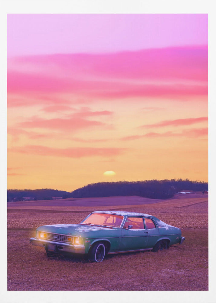 A vintage green muscle car is parked in a purple-hued field under a vibrant sunset sky that blends from orange to a vivid pink. The car's headlights are glowing, and the sun is setting behind distant hills, creating a dreamy, retro atmosphere. Decor