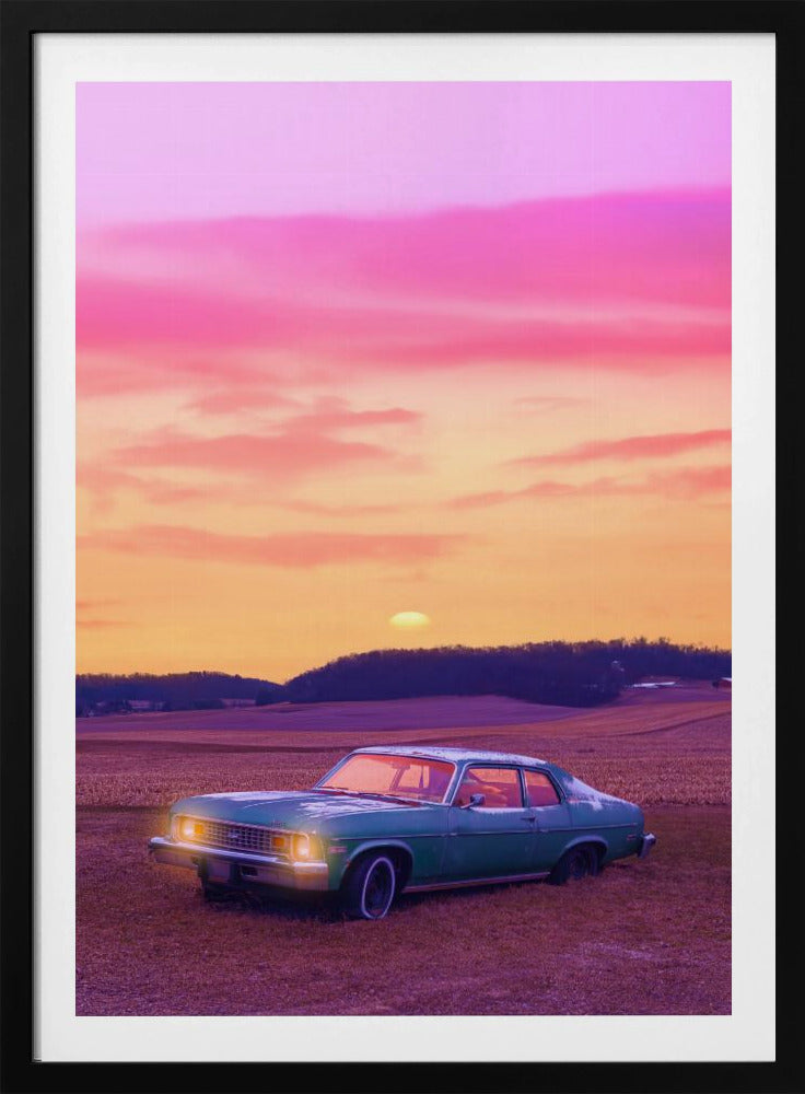 A vintage green muscle car is parked in a purple-hued field under a vibrant sunset sky that blends from orange to a vivid pink. The car's headlights are glowing, and the sun is setting behind distant hills, creating a dreamy, retro atmosphere. Decor