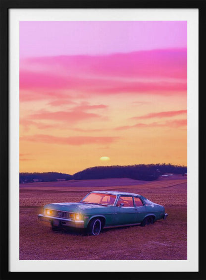 A vintage green muscle car is parked in a purple-hued field under a vibrant sunset sky that blends from orange to a vivid pink. The car's headlights are glowing, and the sun is setting behind distant hills, creating a dreamy, retro atmosphere. Decor