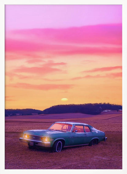 A vintage green muscle car is parked in a purple-hued field under a vibrant sunset sky that blends from orange to a vivid pink. The car's headlights are glowing, and the sun is setting behind distant hills, creating a dreamy, retro atmosphere. Decor