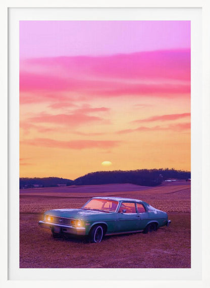 A vintage green muscle car is parked in a purple-hued field under a vibrant sunset sky that blends from orange to a vivid pink. The car's headlights are glowing, and the sun is setting behind distant hills, creating a dreamy, retro atmosphere. Decor