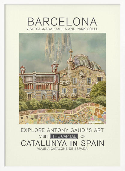 A vintage-style travel poster for Barcelona, featuring the intricate, mosaic-covered architecture of Park Güell in the foreground. In the hazy background, the spires of the Sagrada Familia rise into the sky. Text at the top and bottom invites viewers to visit these Antoni Gaudí landmarks in the capital of Catalunya, Spain. Wall Art