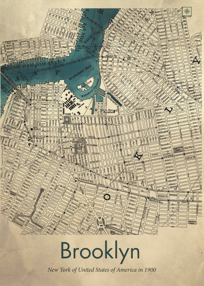 A framed vintage map poster of Brooklyn, New York from the year 1900. The map details the city's grid-like streets on an aged, beige paper background, with the waterways, including Wallabout Bay, highlighted in a vibrant teal color. The poster is titled "Brooklyn" in a dark green font at the bottom. Decor