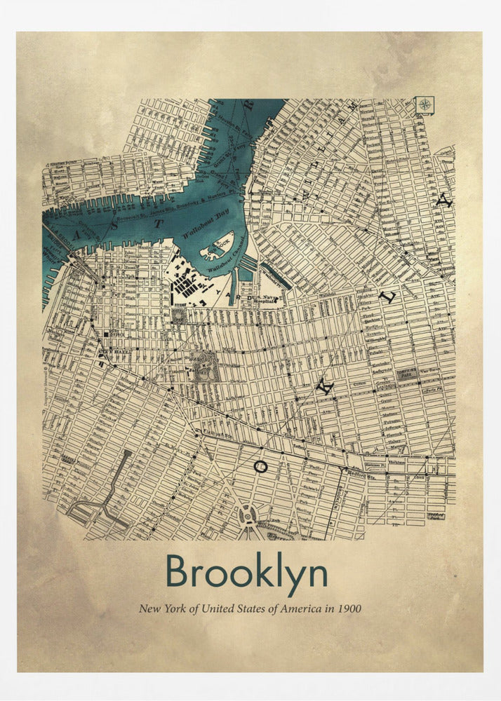 A framed vintage map poster of Brooklyn, New York from the year 1900. The map details the city's grid-like streets on an aged, beige paper background, with the waterways, including Wallabout Bay, highlighted in a vibrant teal color. The poster is titled "Brooklyn" in a dark green font at the bottom. Decor